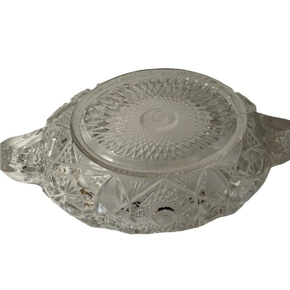 Antique American Nucut Glass Oval Bowl Dish SawTooth Rim Hobstar Vintage - Picture 2 of 10